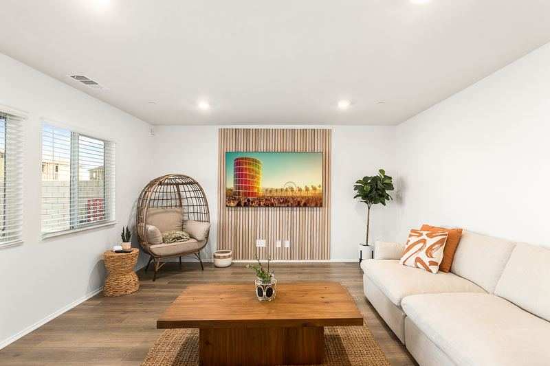 Open-concept great room with pool views — 4-bedroom Coachella Valley vacation rental