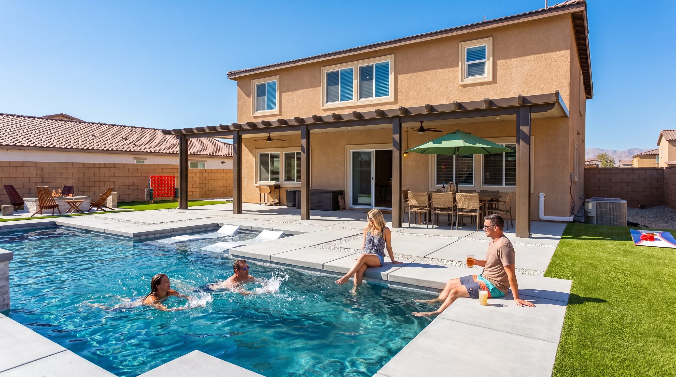 Friends enjoying the private pool at Tulum in the Valley vacation rental in Coachella CA